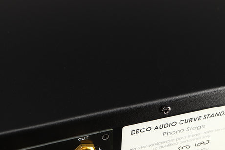 Close up of a used Deco Audio Curve MM Phonostage in a black finish showing scratch on top