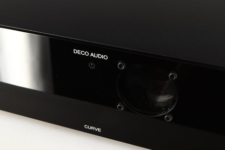 Close up of a used Deco Audio Curve MM Phonostage in a black finish showing light scratches on fascia and fingerprints inside of glass