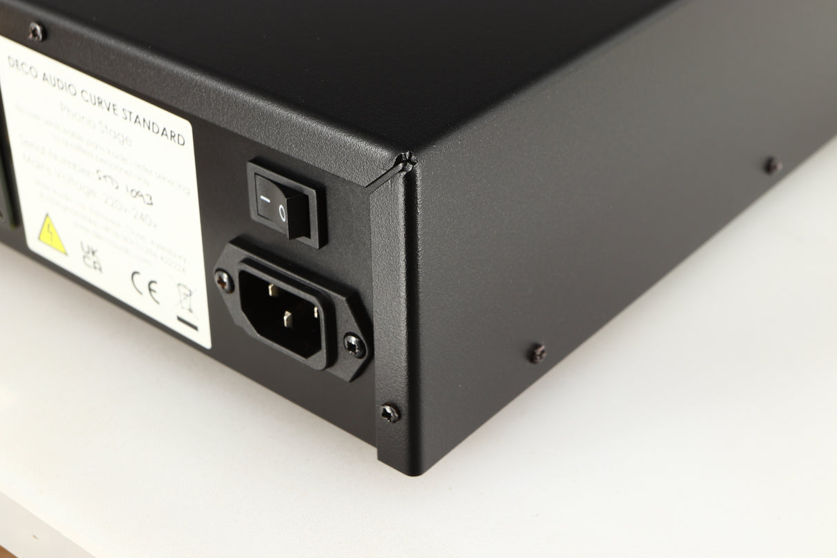 Rear left corner of a used Deco Audio Curve MM Phonostage in a black finish
