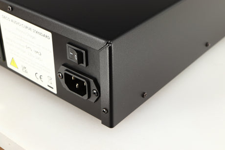 Rear left corner of a used Deco Audio Curve MM Phonostage in a black finish