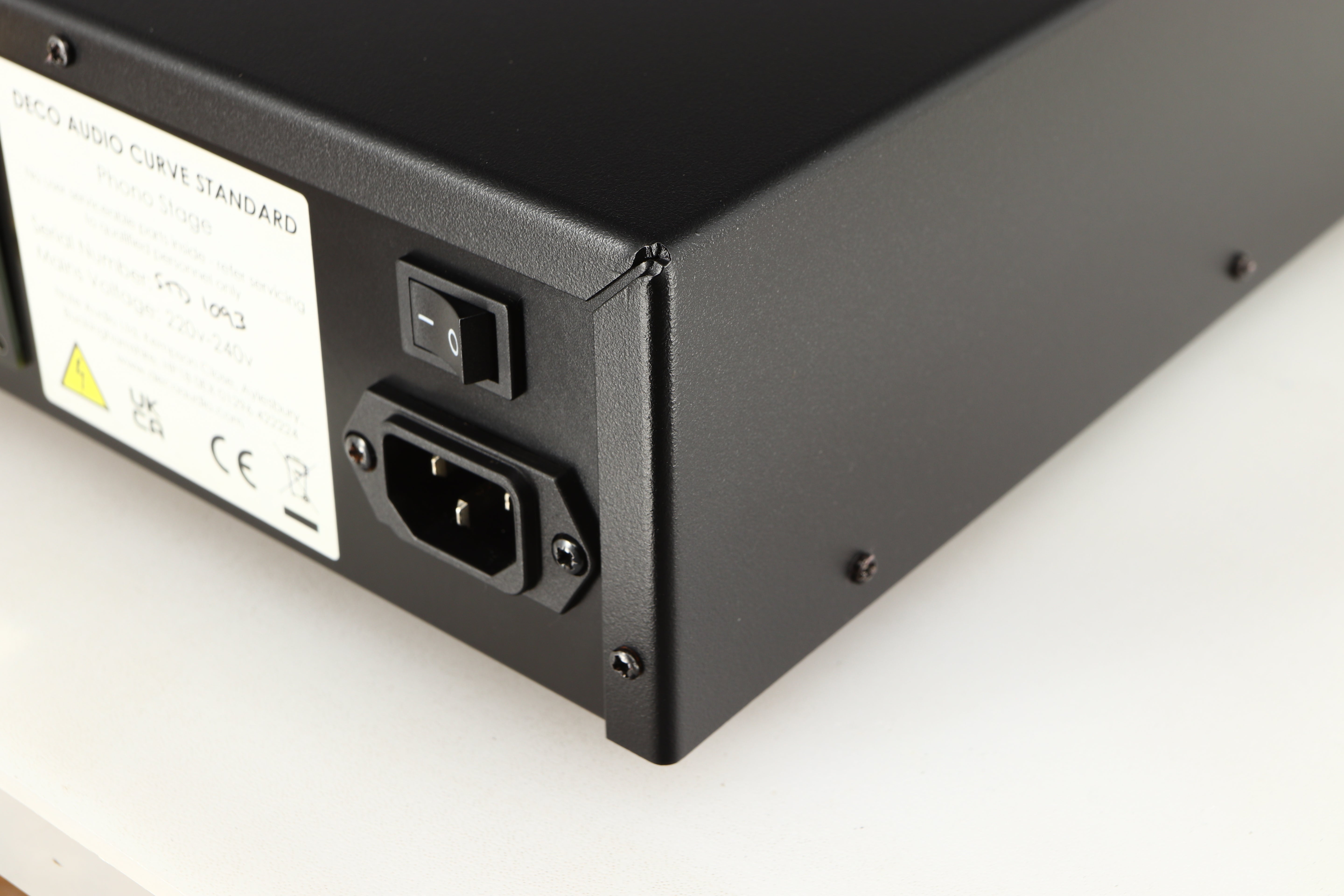Rear left corner of a used Deco Audio Curve MM Phonostage in a black finish