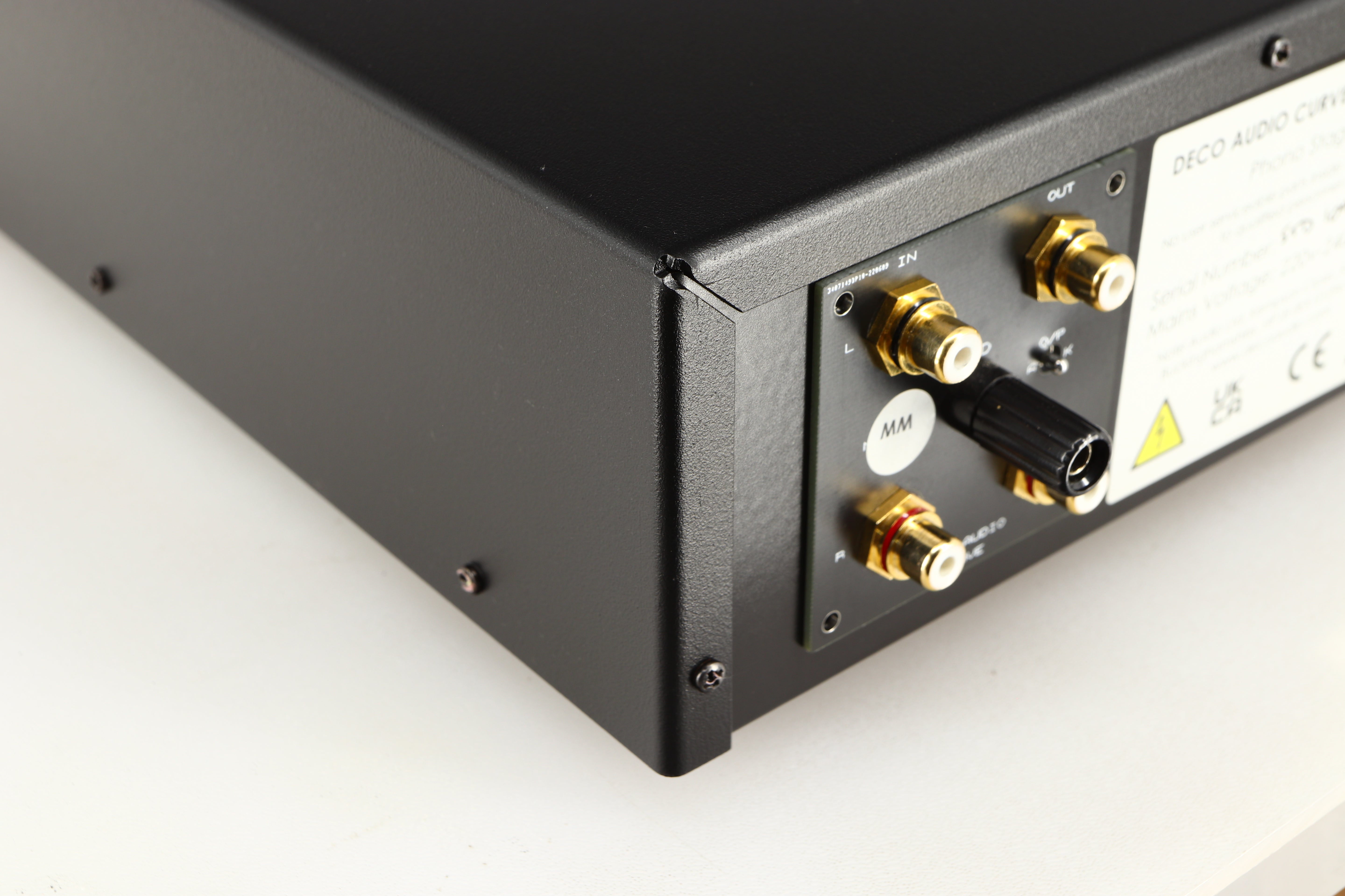 Rear right corner of a used Deco Audio Curve MM Phonostage in a black finish