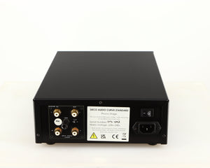 Rear view of a used Deco Audio Curve MM Phonostage in a black finish showing Mains Input, Phono Inputs and Phono Outputs