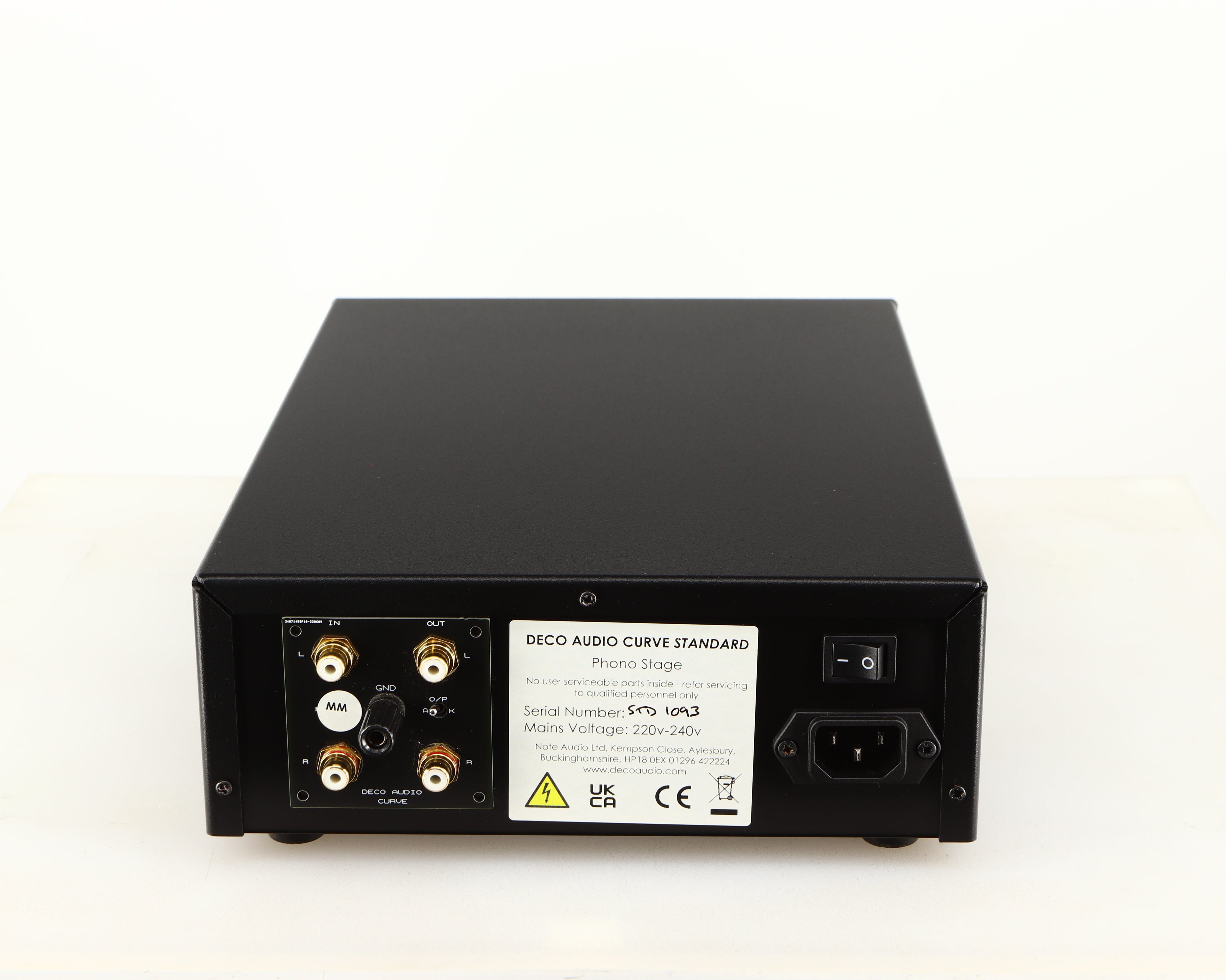 Rear view of a used Deco Audio Curve MM Phonostage in a black finish showing Mains Input, Phono Inputs and Phono Outputs