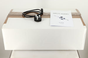 Box of a used Deco Audio Curve Standard Phonostage showing mains cable and manual