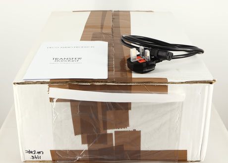 Box for a used Deco Audio Transfer DAC in a black finish showing Manual and Mains Cable