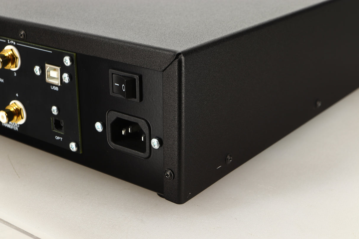 Rear left corner of a used Deco Audio Transfer DAC in a black finish