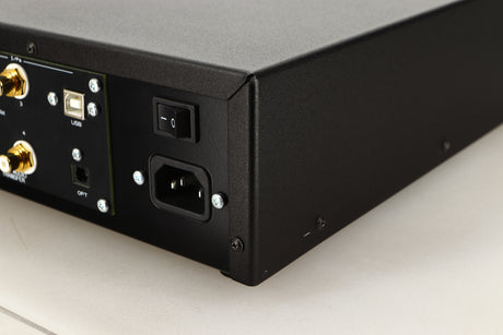 Rear left corner of a used Deco Audio Transfer DAC in a black finish