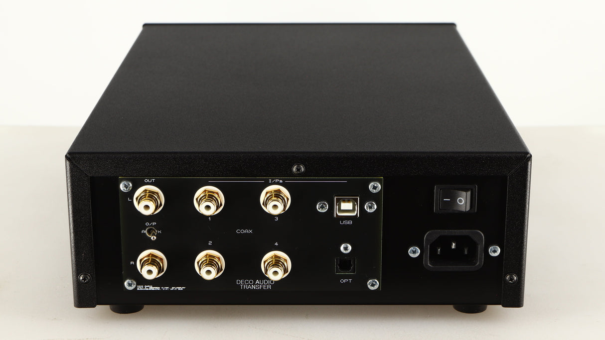 Rear view of a used Deco Audio Transfer DAC in a black finish showing USB Input, Mains Input, Optical Input and Phono Outputs