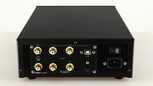 Rear view of a used Deco Audio Transfer DAC in a black finish showing USB Input, Mains Input, Optical Input and Phono Outputs