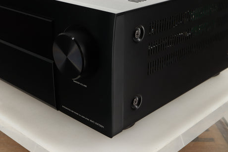 Front right corner view of a used Denon AVR-4700 AV Amplifier in Black finish