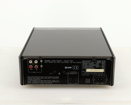 Rear view of a used Denon DDR-6.5 Cassette Deck in a silver finish showing Phono Inputs, Phono Outputs and Power Input