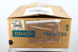 Box of a used Denon PMA-720 Integrated Amplifier in Black finish showing manual