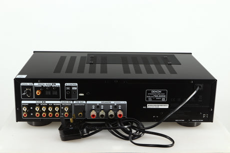 Rear view of a used Denon PMA600 Integrated Amplifier in a black finish showing Speaker Inputs and Optical Inputs