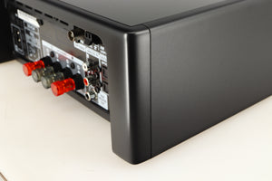 Rear left corner of a used Denon RCD-N10 Network CD Receiver in a black finish