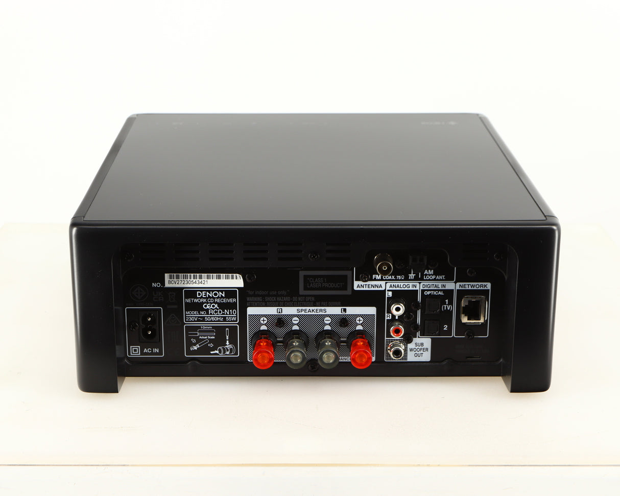 Rear view of a used Denon RCD-N10 Network CD Receiver in a black finish showing Network Input, Power Input, Phono Inputs, Phono Output and Optical Inputs