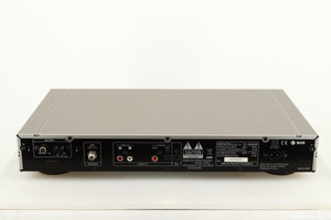 Rear view of a used Denon TU-1800 DAB/FM Tuner in a silver finish showing Power Input, Optical Outputs and Phono Outputs