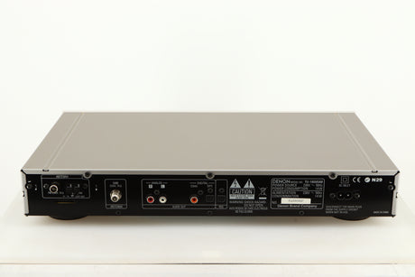 Rear view of a used Denon TU-1800 DAB/FM Tuner in a silver finish showing Power Input, Optical Outputs and Phono Outputs