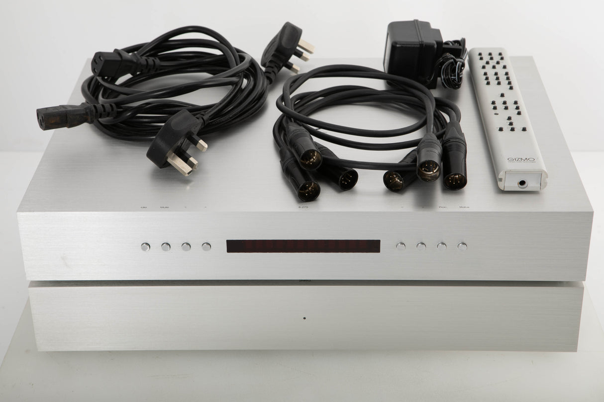 Front view of a Densen 275 Pre Amplifier with 2NRG PSU, Mains cables, 3x XLR cables, and remote PSU