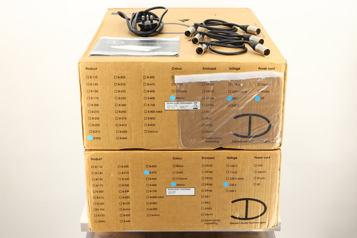 Boxes of a used Densen B-475 CD Player and a 2NRG PSU in Albino finish showing mains cable, manual, and connecting cables 