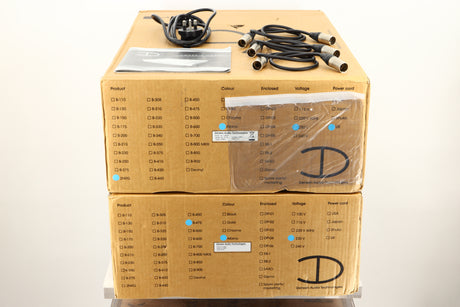 Boxes of a used Densen B-475 CD Player and a 2NRG PSU in Albino finish showing mains cable, manual, and connecting cables 
