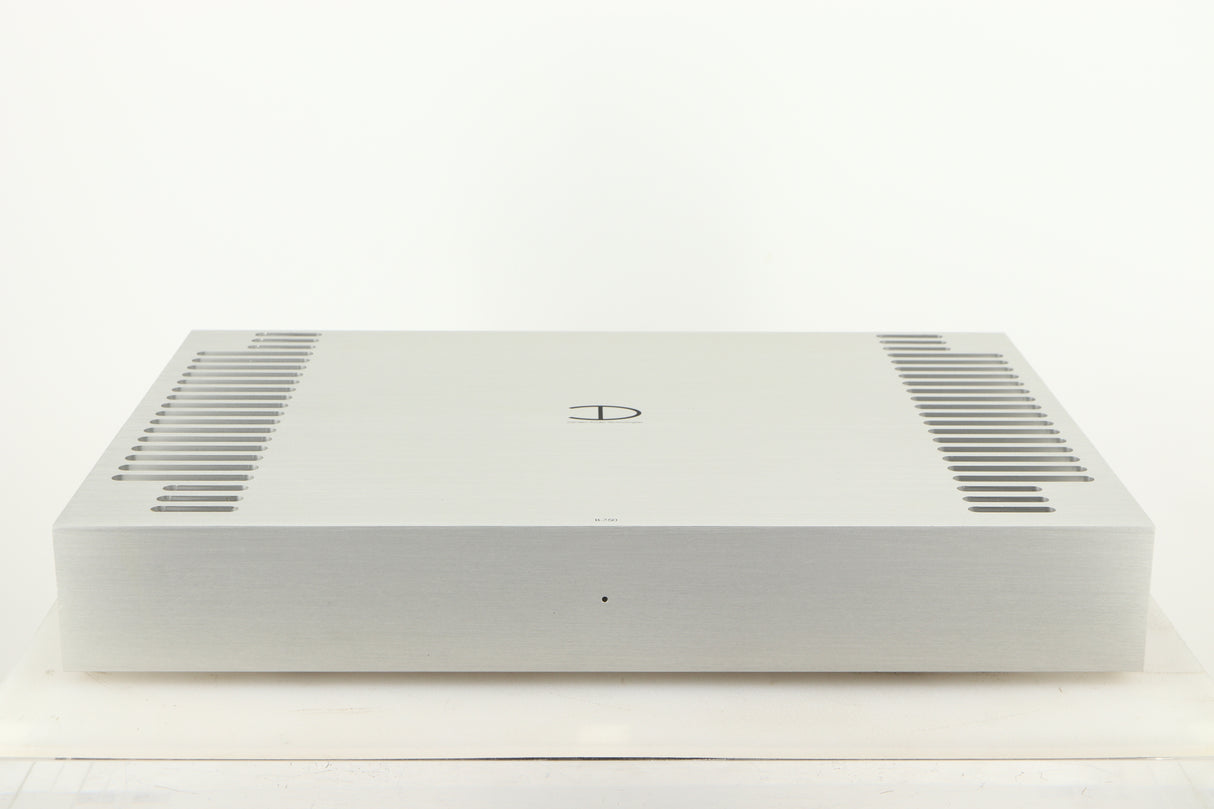 Front view of a used Densen B350Plus Monoblock Power Amplifier in a silver finish