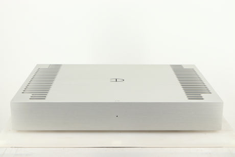 Front view of a used Densen B350Plus Monoblock Power Amplifier in a silver finish