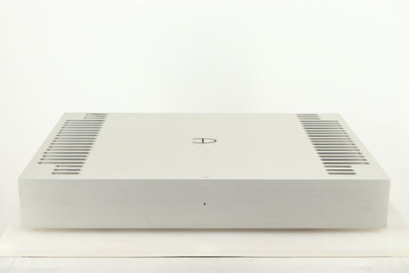 Front view of a used Densen B350Plus Monoblock Power Amplifier in a silver finish