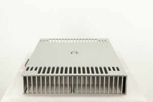 Left side view of a used Densen B350Plus Monoblock Power Amplifier in a silver finish
