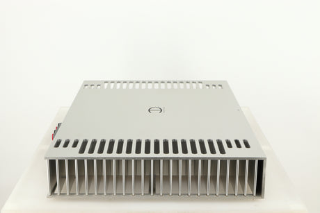 Left side view of a used Densen B350Plus Monoblock Power Amplifier in a silver finish