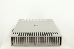 Left side view of a used Densen B350Plus Monoblock Power Amplifier in a silver finish