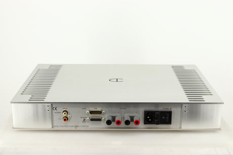 Rear view of a used Densen B350Plus Monoblock Power Amplifier in a silver finish showing Mains Input, Speaker Outputs and Phono Inputs