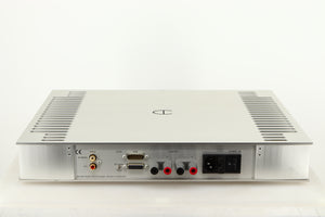 Rear view of a used Densen B350Plus Monoblock Power Amplifier in a silver finish showing Mains Input, Speaker Outputs and Phono Inputs