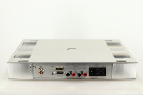 Rear view of a used Densen B350Plus Monoblock Power Amplifier in a silver finish showing Mains Input, Speaker Outputs and Phono Inputs