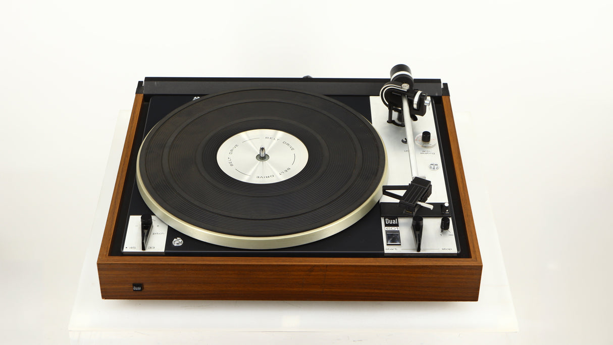 Front view of a used Dual 601 Turntable / Goldring 1042 Cartridge in a walnut finish 