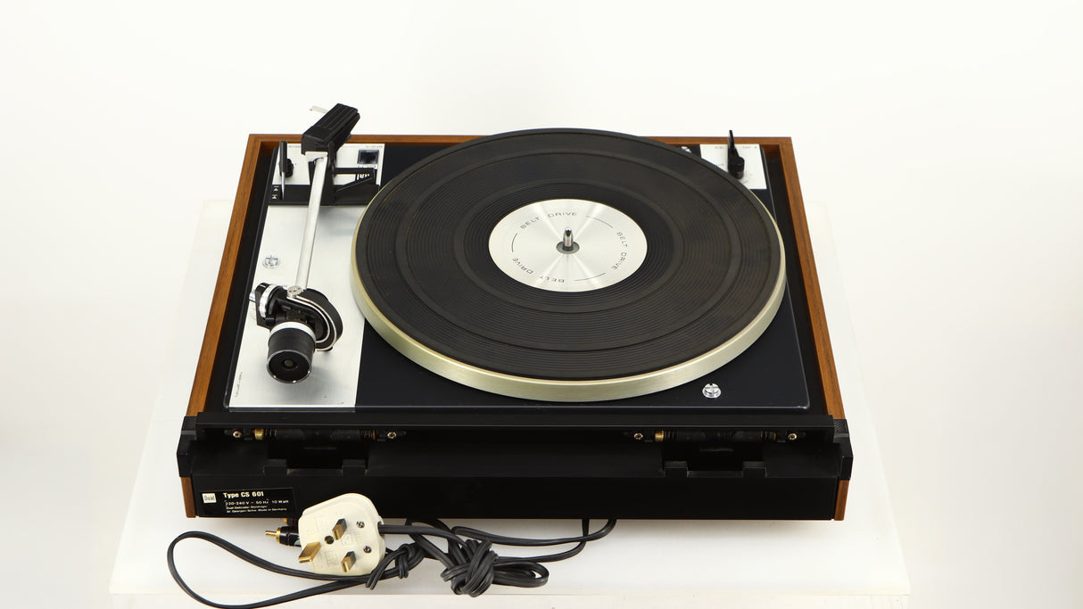 Rear view of a used Dual 601 Turntable / Goldring 1042 Cartridge in a walnut finish 