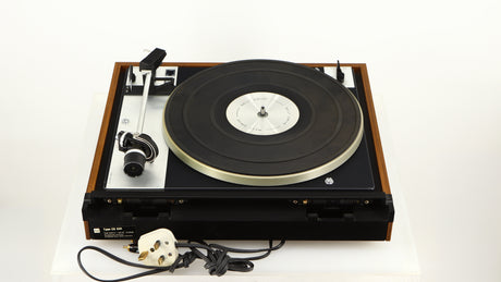 Rear view of a used Dual 601 Turntable / Goldring 1042 Cartridge in a walnut finish 