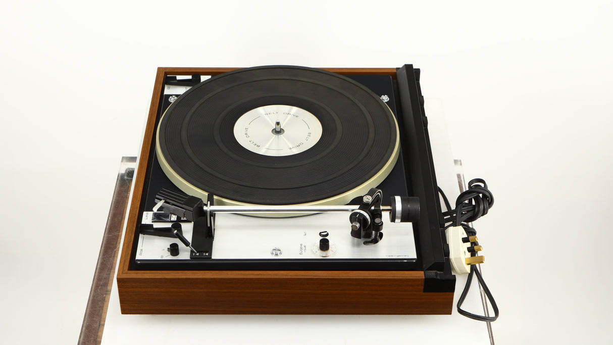 Right side view of a used Dual 601 Turntable / Goldring 1042 Cartridge in a walnut finish 