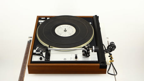 Right side view of a used Dual 601 Turntable / Goldring 1042 Cartridge in a walnut finish 