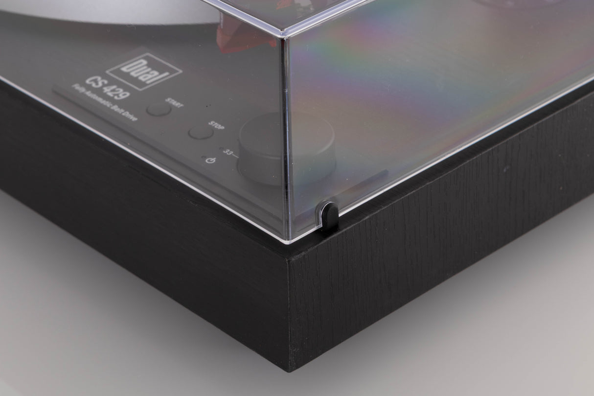 Front right corner view of a used Dual CS 429 Fully Automatic Turntable in Black finish