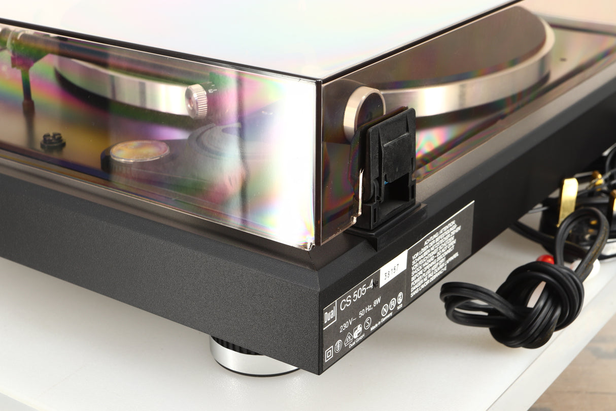 Rear right corner of a used Dual CS 505-4 Turntable in a black finish