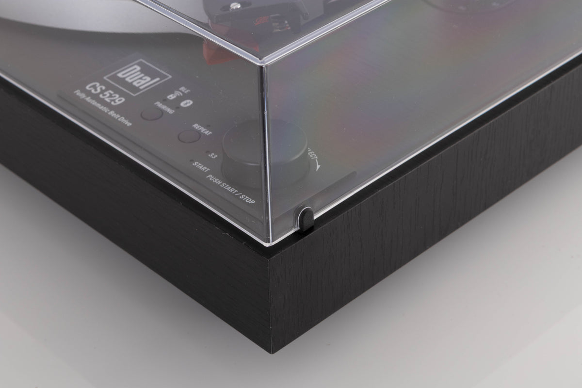 Front right corner view of a used Dual CS 529 Fully Automatic Bluetooth Turntable in Black finish