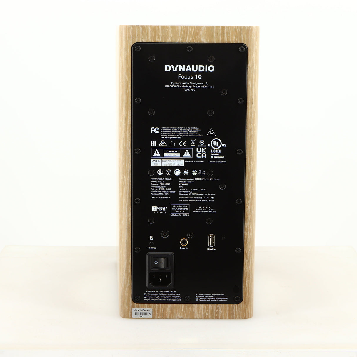 Rear view of a used Dynaudio Focus 10 Standmount Speaker in a blonde finish showing Mains Input, Phono Input and USB Input