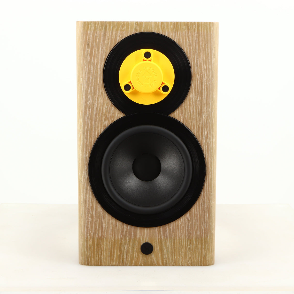 Front view of a used Dynaudio Focus 10 Standmount Speaker in a blonde finish showing Tweeter Guard
