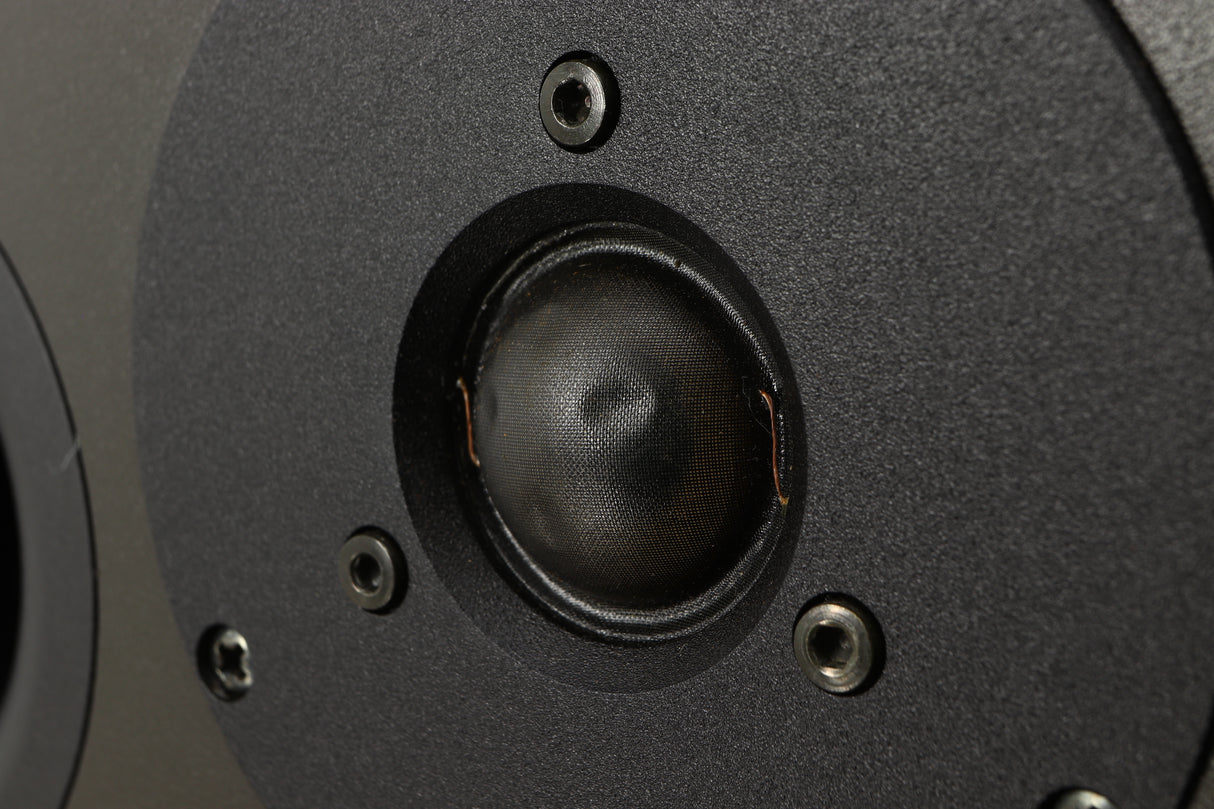Close up of a used Dynaudio Audience 7 Standmount Speaker in a black finish showing the crippled tweeter