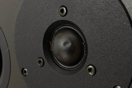 Close up of a used Dynaudio Audience 7 Standmount Speaker in a black finish showing the crippled tweeter