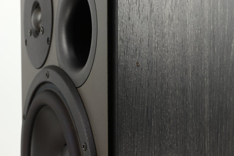 Close up of a used Dynaudio Audience 7 Standmount Speaker in a black finish showing tiny nick on right side