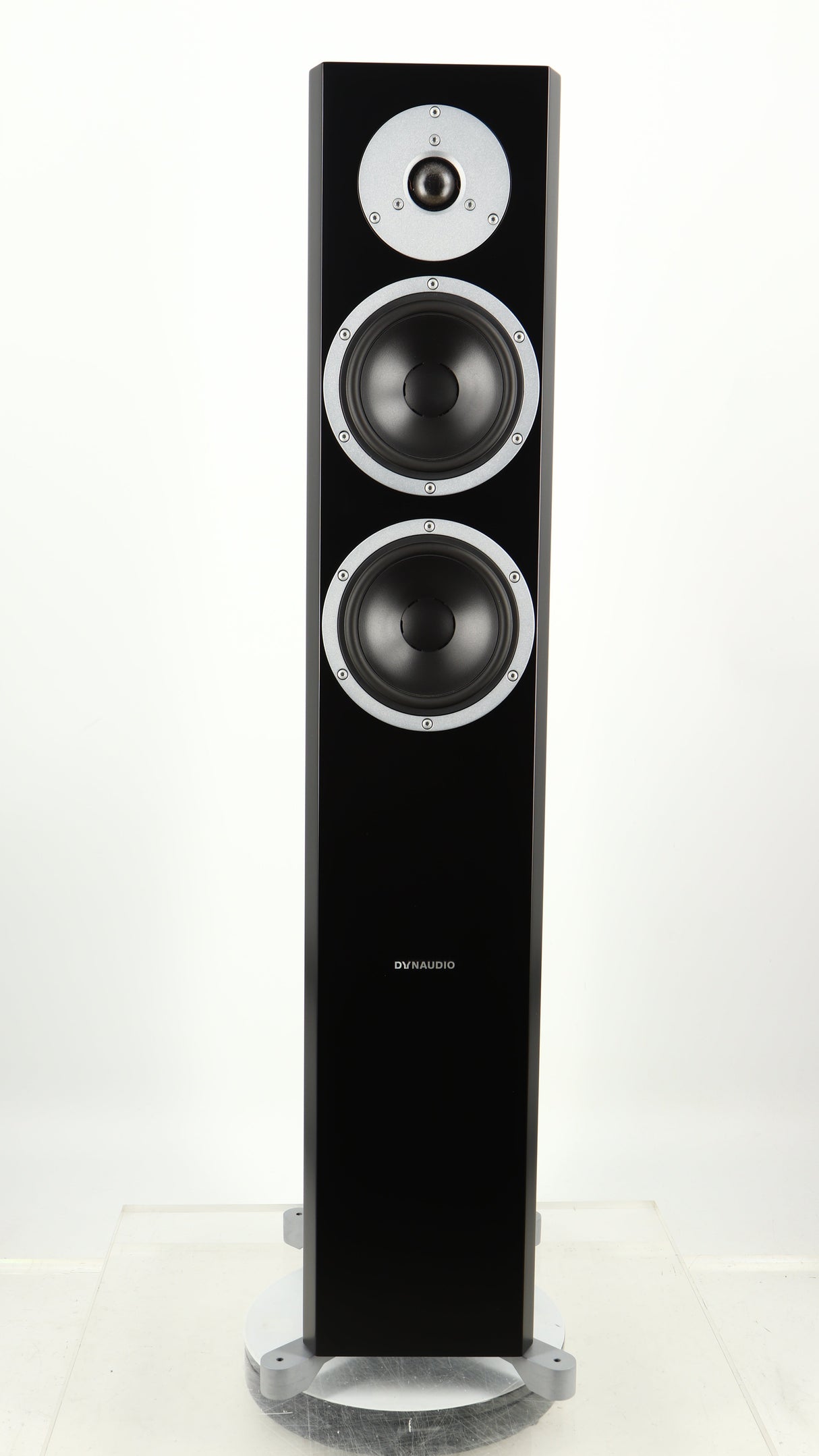 Front view of a used Dynaudio Excite X-34 Floorstanding Speaker in a satin black finish