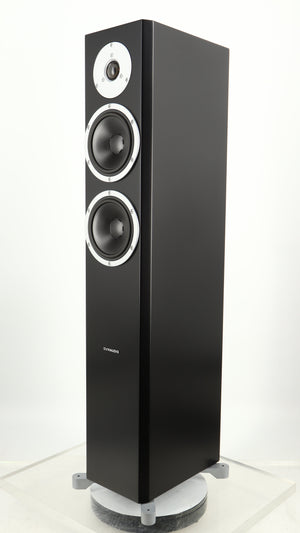 Front right corner of a used Dynaudio Excite X-34 Floorstanding Speaker in a satin black finish