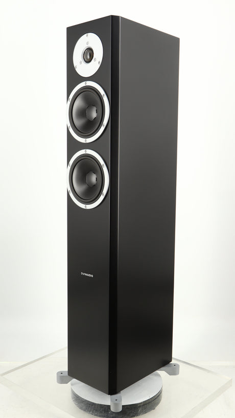 Front right corner of a used Dynaudio Excite X-34 Floorstanding Speaker in a satin black finish